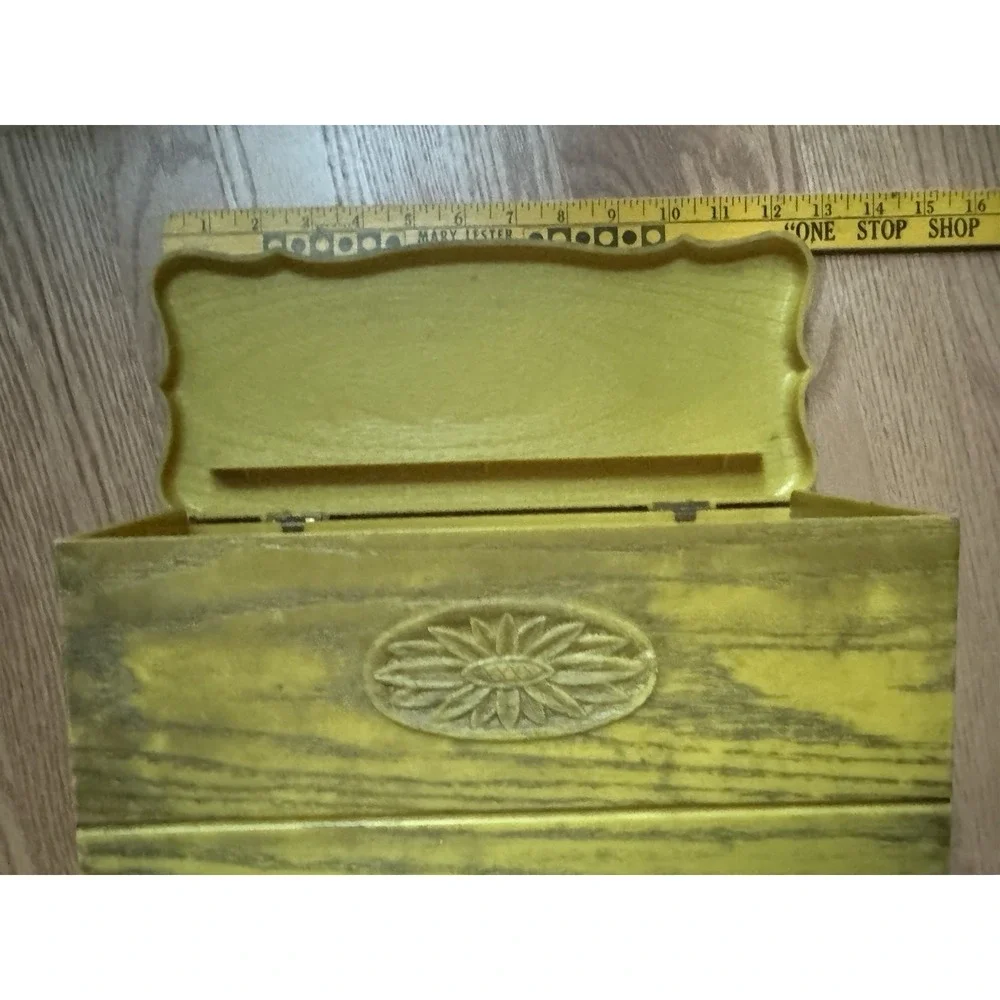 Vintage 1970s Harvest Gold Faux Wood‎ Recipe Box Sunflower Plastic Storage Chest